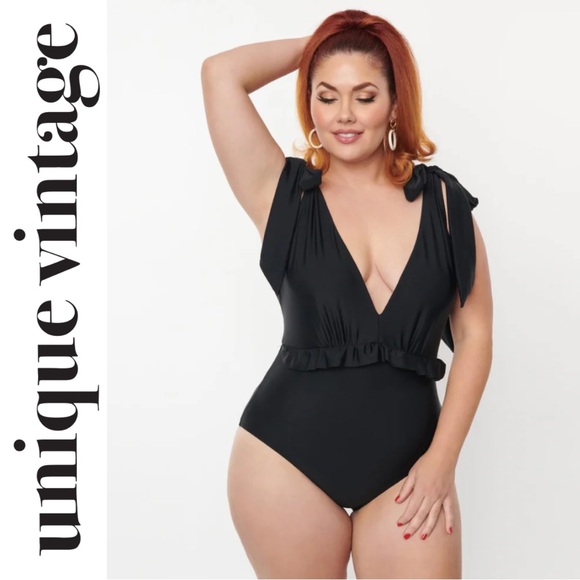 Unique Vintage Other - Unique Vintage Black Plunge One Piece Swimsuit, Size 1X, NWT!